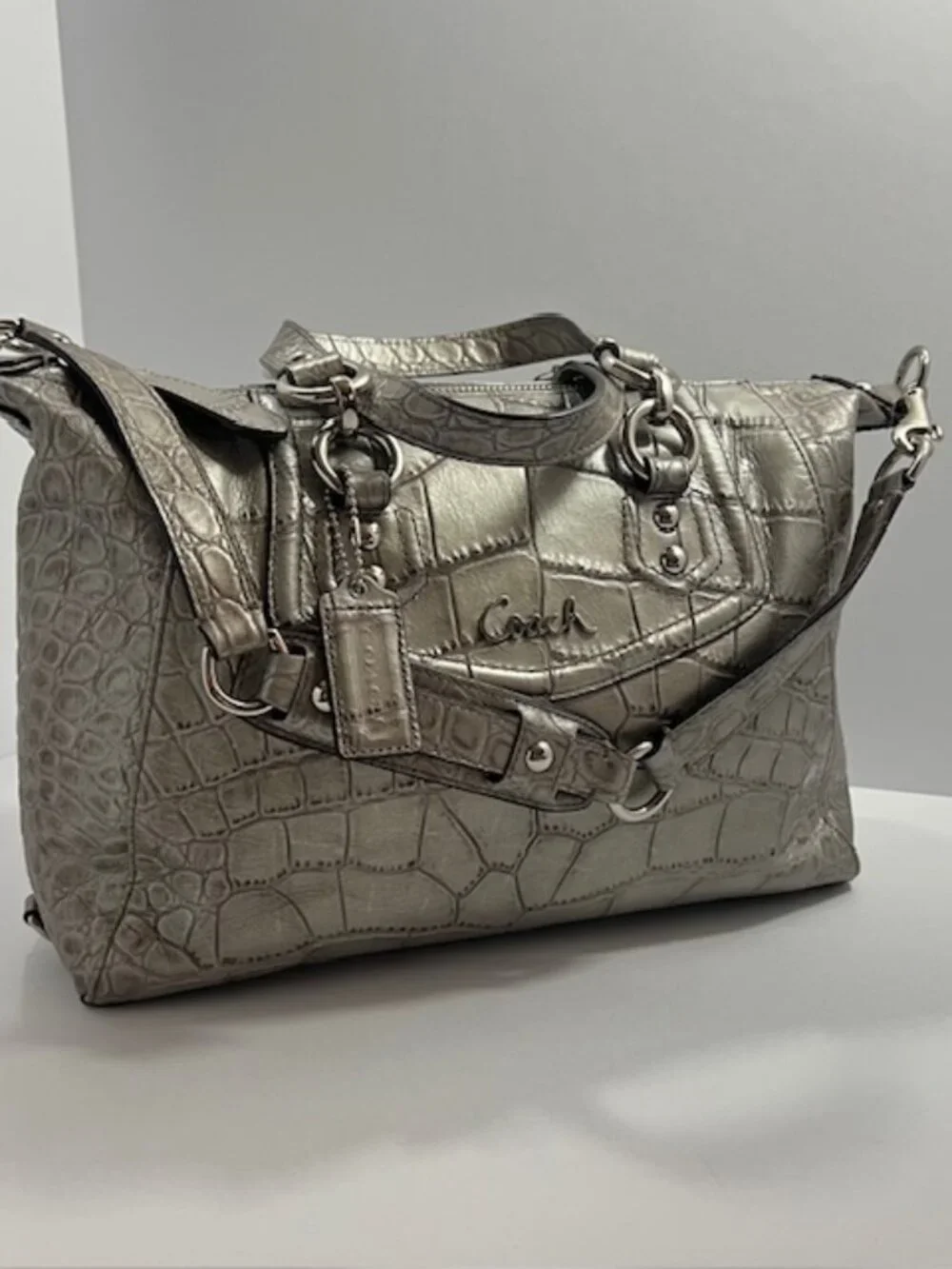 COACH ASHLEY CROC EMBOSSED LEATHER SATCHEL #20346 SILVER